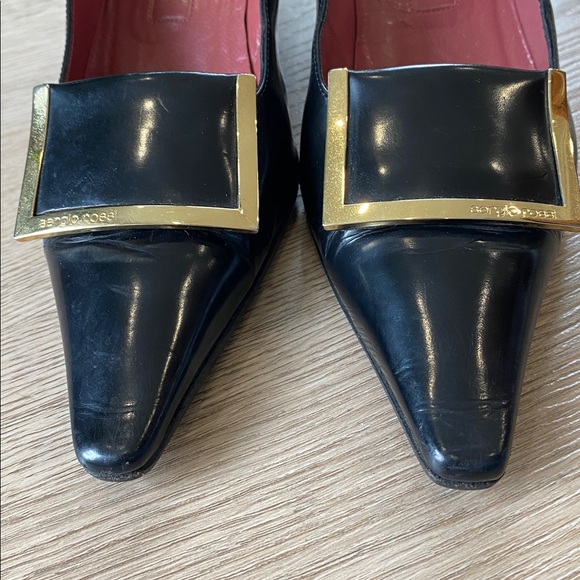 Sergio Rossi Black Leather Pumps Gold Buckle Square Toe Heels Classic Designer - Picture 6 of 13